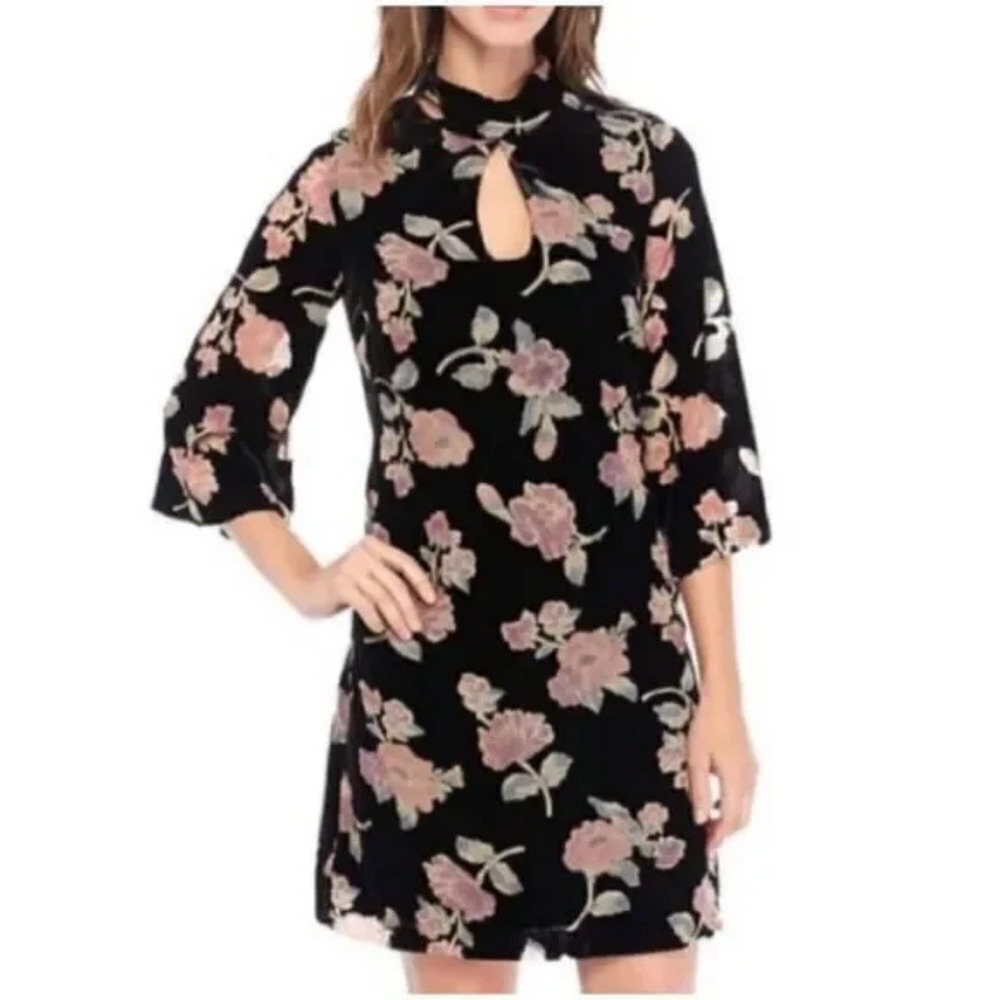 Nanette Lepore Womens Floral‎ Velvet Dress Size 14 Black Keyhole Mock Neck